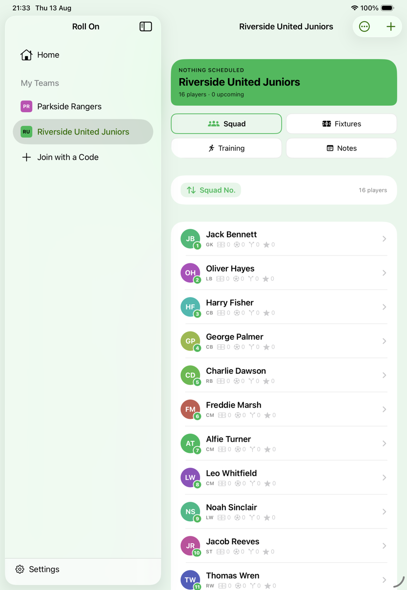Roll On on an iPad: a sidebar listing both teams, with the squad register open beside it.