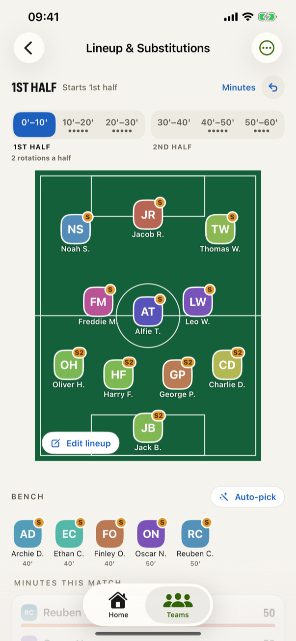 The starting eleven on the pitch, each shirt marked with the window they come off in, above a strip of the whole match's rotation windows.