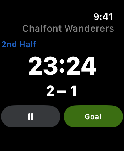 The Roll On watch app: the opponent's name, the second-half clock at 23:24, the score 2-1, and Pause and Goal buttons.