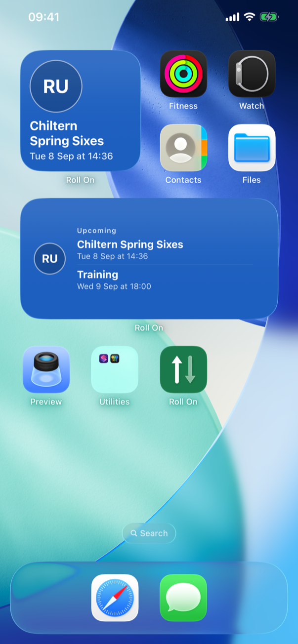 An iPhone Home Screen with two Roll On widgets: a small one showing the next fixture with its date, and a wider one listing the next two events with the team's badge.